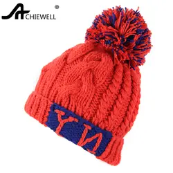 Achiewell зима Повседневное Для женщин красный вязаный твист Hat NY письмо утолщаются вязать шапочка на осень