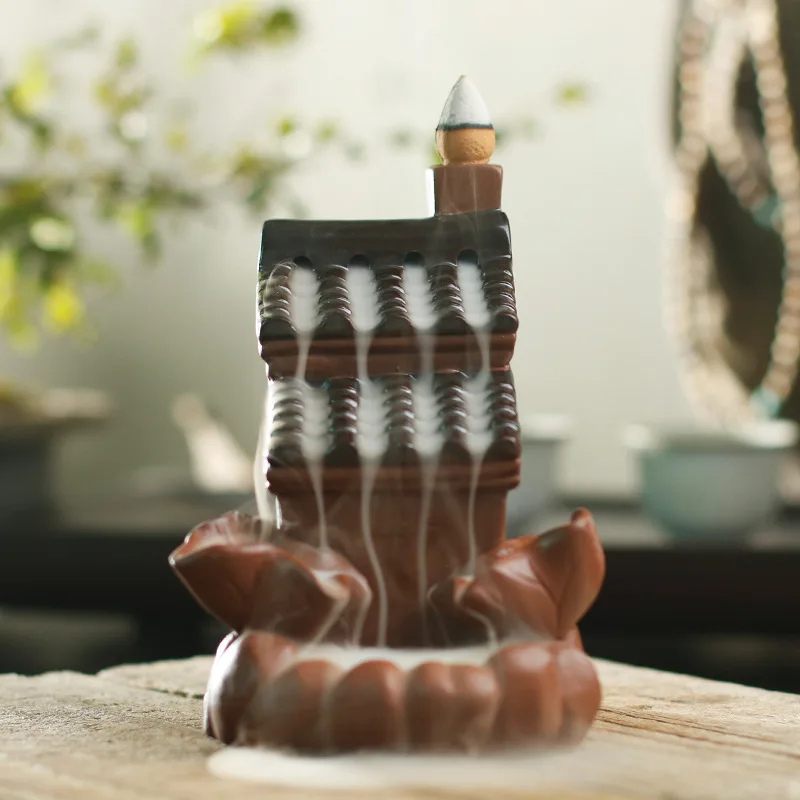 Chinese Ceramic Small house Smoke Backflow Censer Buddhist Furnace Cone Stick Incense Burner
