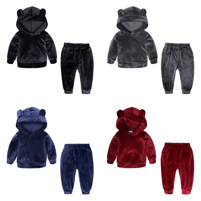 BOY WINTER WARM OUTFITS THICKEN cartoon bear jacket+pant outwear suit kids hooded set 1-7 Y Children costume 2019