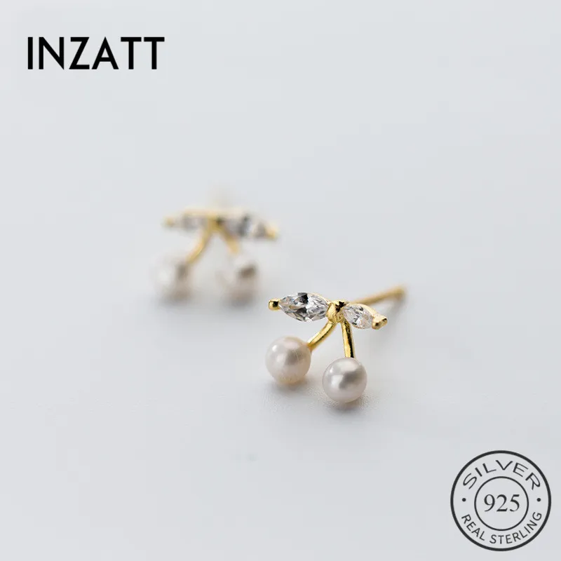 

INZATT Pretty Charm Pearl Cherry Zircon Leaf Stud Earrings 925 Sterling Silver Fashion Jewelry For Women Gold Color Accessories