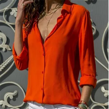 

Ladies Large size Blouse 2019 spring summer long-sleeved lapel button top solid color Office Women's Shirt 3XL chiffon tops