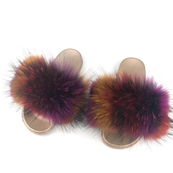 

Luxury Real Raccoon Fur Slippers for Women Designer Slides Real Fur Sliders Shoes Cute Ladies Furry Slides Sandal Summer Shoes