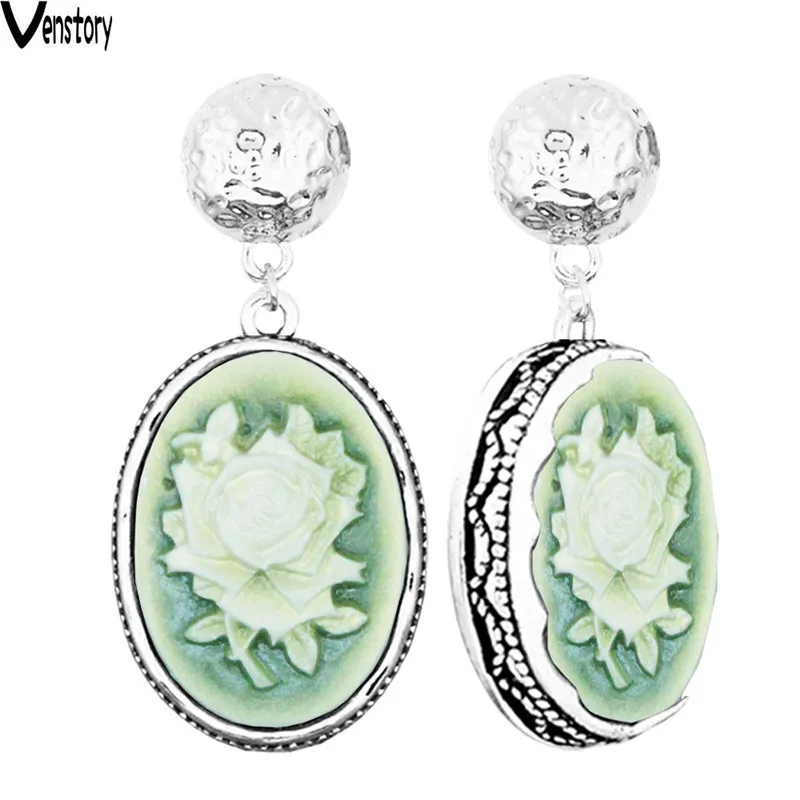 

Oval Rose Flower Cameo Vintage Earrings Stud Antique Silver Plated Fashion Jewelry