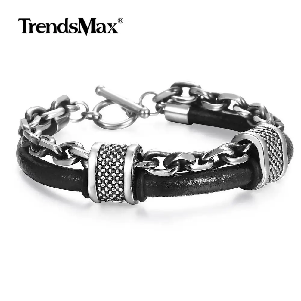 

Black Genuine Leather Stainless Steel Cable Link Chain Bracelet Double layer Bangles for Mens Boys Surfer Jewelry Gifts DLB162