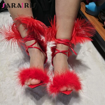 

SARAIRIS New Women Shoes Plus Size 36-47 Ladies High Heels Feather Sweet Fashion Sexy Party Summer Sandals 2019 Shoes Woman
