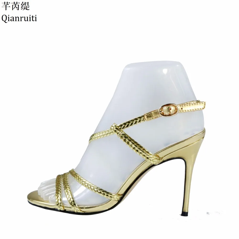 

Qianruiti Gold Leather High Heels Women Sandals Buckle Strap Slingback Women Pumps Rome Style Cut-Outs Stiletto Heels Shoes