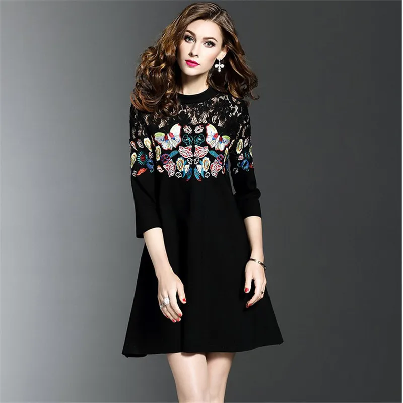 

IIMADFWIW Black Dress Female S-XXL Casual Fashion Patchwork Embroidery O-neck Dresses For Women 2018 Spring New