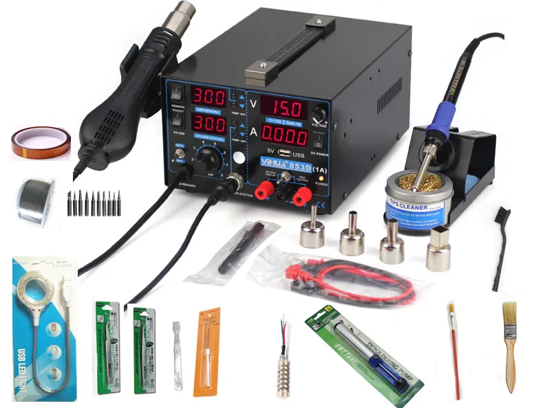 4in 1set 853D 1A USB 110V 220V Hot Air Gun Rework Station Soldering iron + Heat Gun + Power Supply Welding Repair Solder Station 4in 1set 853D 1A USB 110V 220V Hot Air Gun Rework Station Soldering iron + Heat Gun + Power Supply Welding Repair Solder Station