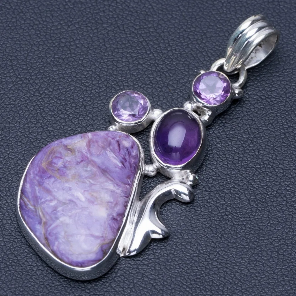 

Natural Charoite and Amethyst Punk Style 925 Sterling Silver Pendant 2" Q0431