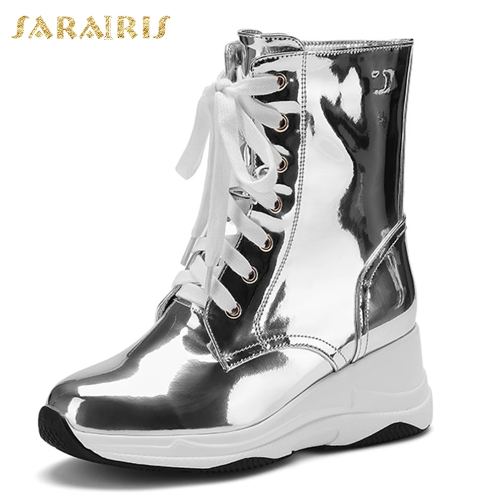 

Sarairis Fashion Brand New Patent Microfiber Ankle Boots Woman Thick Heels Lace Up Soft Comfort Boots Woman Shoes Women