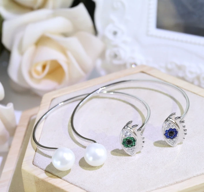 

Fashion 925 Sterling Silver Jewelry For Women Evil Eye Pearl Bracelet Open Bangle Bracelet Jewelry Best Selling Top Quality