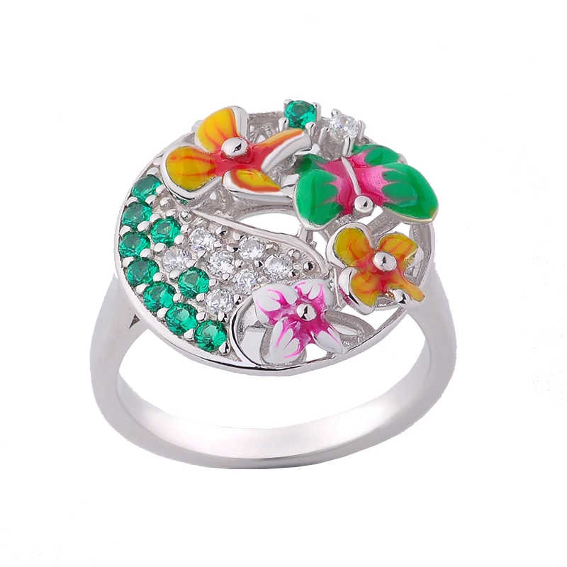 

WindJune 925 Sterling Silver Ring For Women Boho Enamel Silver Flower Engagement Ring Party Fine Jewelry Anillos De Plata 925