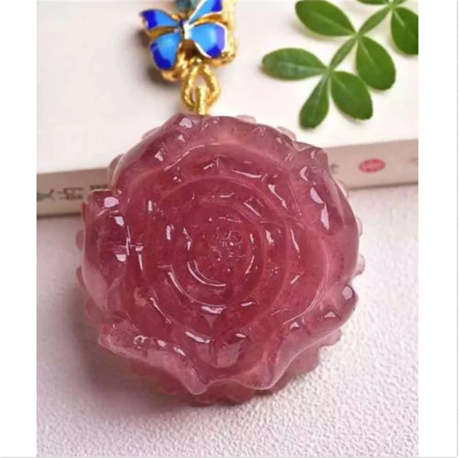 

Natural Red Strawberry Quartz Crystal Flower Carve Woman Pendant AAAA