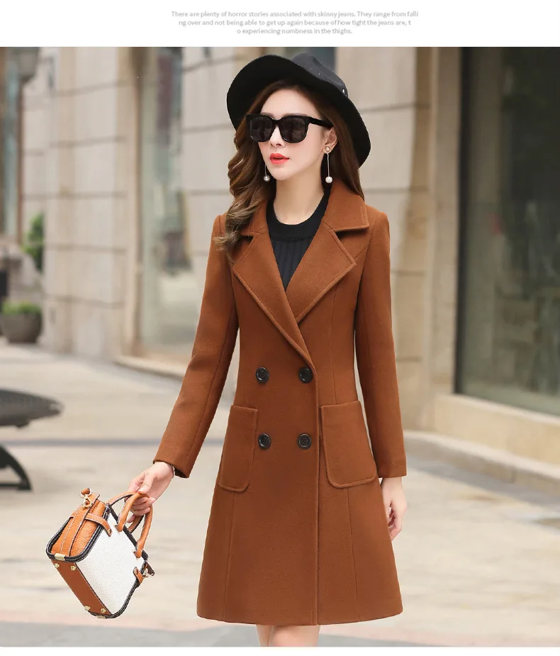 Модное однотонное длинное пальто для женщин, офисное женское тонкое шерстяное пальто и куртка, двубортная женская одежда