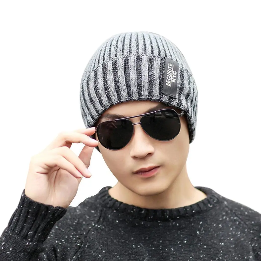 

Men Winter Warm Casual Stripe Weave Spring, Fall, Beanie Hat Stripe, Casual, Street, Outdoor Skull Cap
