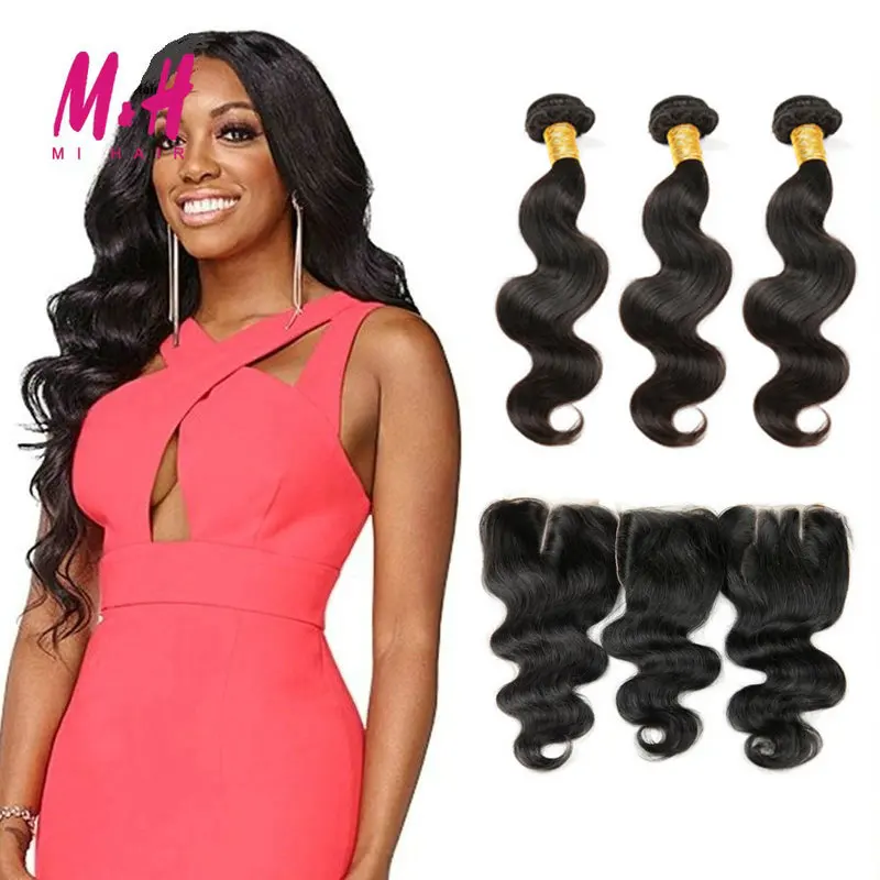 Peruvian Body Wave 4 Bundles With Lace Closure Mi Human Hair Virgin |