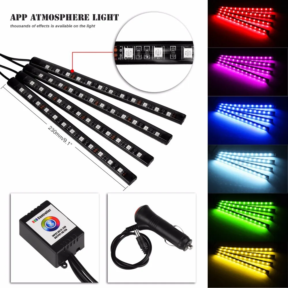  4x Car LED RGB Music Interior Atmosphere Floor Underdash Lighting RGB Music Control Strip Lights Kit Multicolor APP Bluetooth Controller for iPhone Android 8