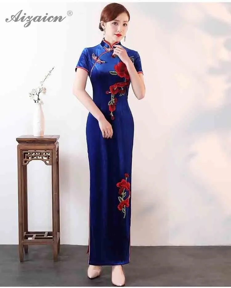 Модные бархатные вышивкой Cheongsam платья Китай элегантный тонкий китайское платье Ципао традиционные Костюмы Женская Роба в восточном стиле