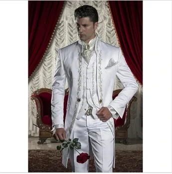 

Classic Style Golden Embroidery Groom Tuxedos White Groomsmen Men's Wedding Prom Suits Blazer With Pants (Jacket+Pants+Vest)