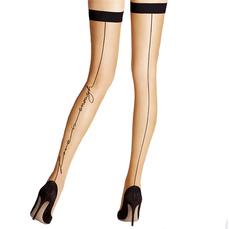 

New Women's Black Line Letter Sexy Nylon Top Tights Thin Stockings for women Valentine Sheer Stockings
