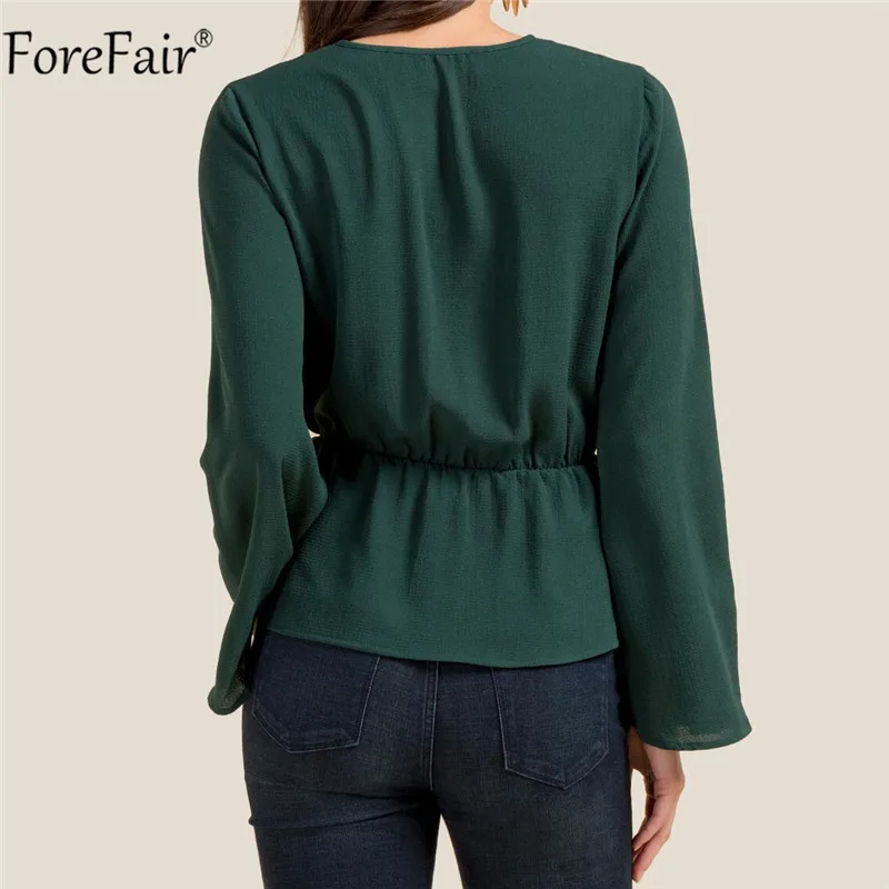 ForeFair Весенние длинные расклешенные рукава V шеи Блузки с лентами зеленые женские летние топы Мода