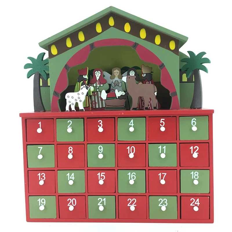 

24*26.5CM Wooden Advent Calendar Jesus New Year Countdown Christmas Decorations With 24 Drawers Decorative Gift Box