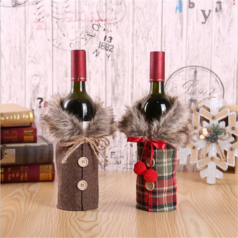 

New Christmas Red Wine Bottle Cover For The Bar Xmas Button Plain Clothes Bottle Decoration Dinner Table Decor For Home