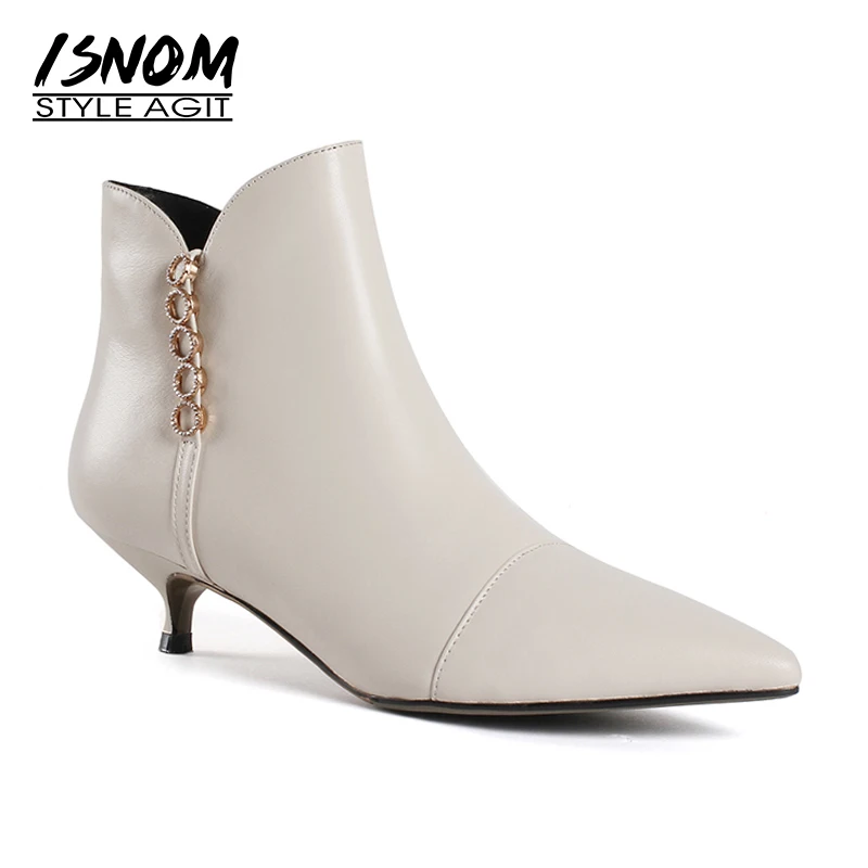 

ISNOM Big Size Thin Heels Women Boots Leather Bootie Pointed Toe Female Shoes Crystal Winter Warm Short Plush High Neck Footwear