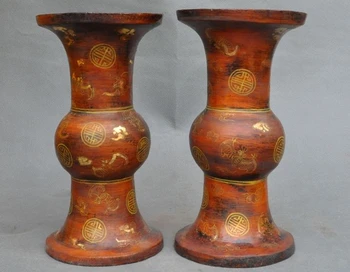 

Marked Old China lacquerware Batlucky Statue bottle pot jar Flower Vase Pair