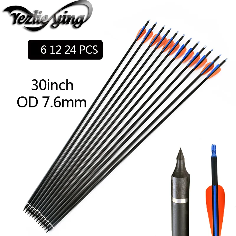 

6/12Pcs 30 Inch Spine 400 Carbon Arrows OD7.6mm With Orange/Blue Feather For Bow and arrows for adults hunting Archery