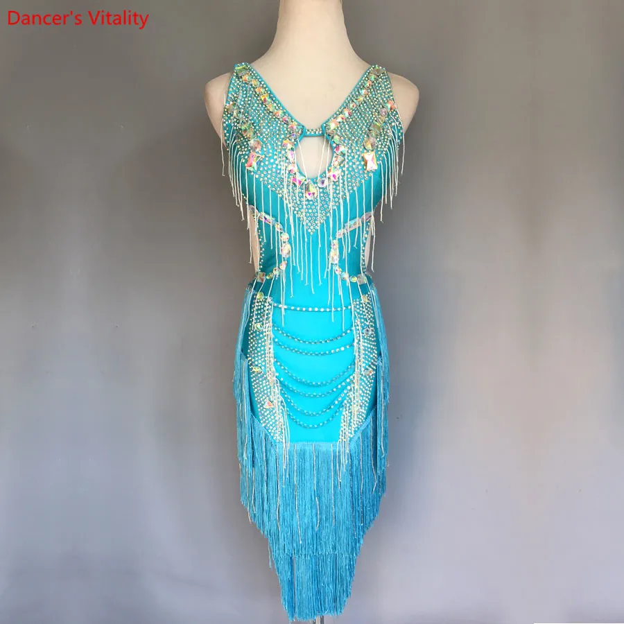 

Luxury Latin Dance Dresses Women Customized Rumba Samba Dancing Skirt Lady Latin diamond+tassel Competition Dance Dress