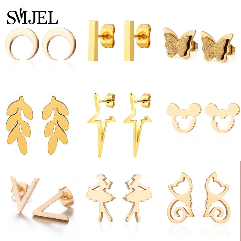 SMJEL Stainless Steel Bar Stud Earrings Girls Cute Mickey Animal Cartoon Women Earings Jewelry Kids Accessories Gifts