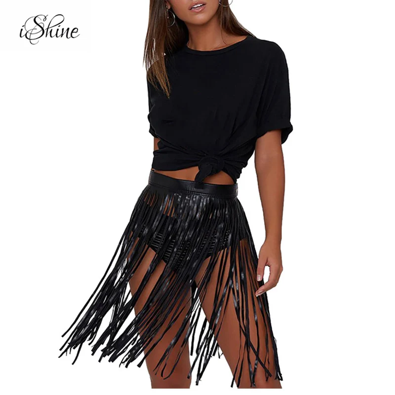Fashion Women Faux Leather PU Fringe Tassel Skirt England Stylish Daily