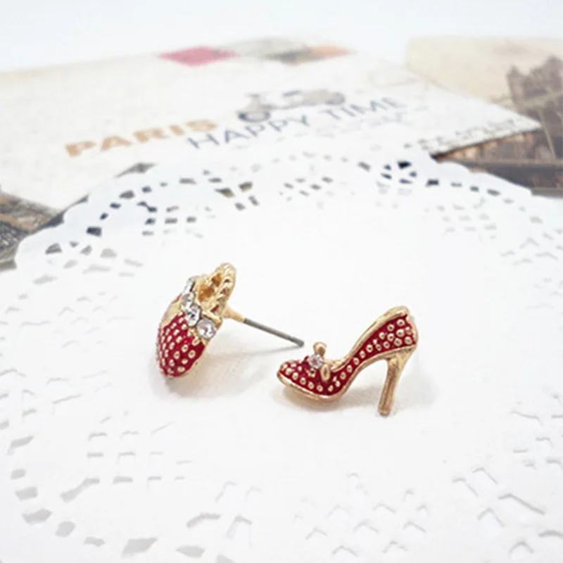 Lovely Cute Bags Heels Shoe Asymmetric Earrings Rhinestone Crystal Stud