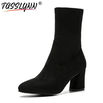 

TASSLYNN 2019 Solid Black Women Boots Western Style Autumn Pointed Toe Ankle Boots Square High Heel Flock Party Shoes Size 34-43