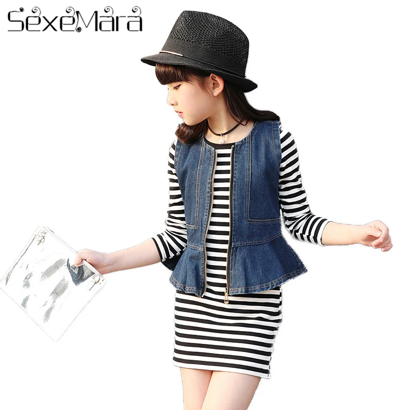 

4-9 Year Old Kids Clothes Baby Girl Summer Clothes Set Cotton Long Sleeve mini Dress+Denim Long Sleeve Jacket Children Clothing