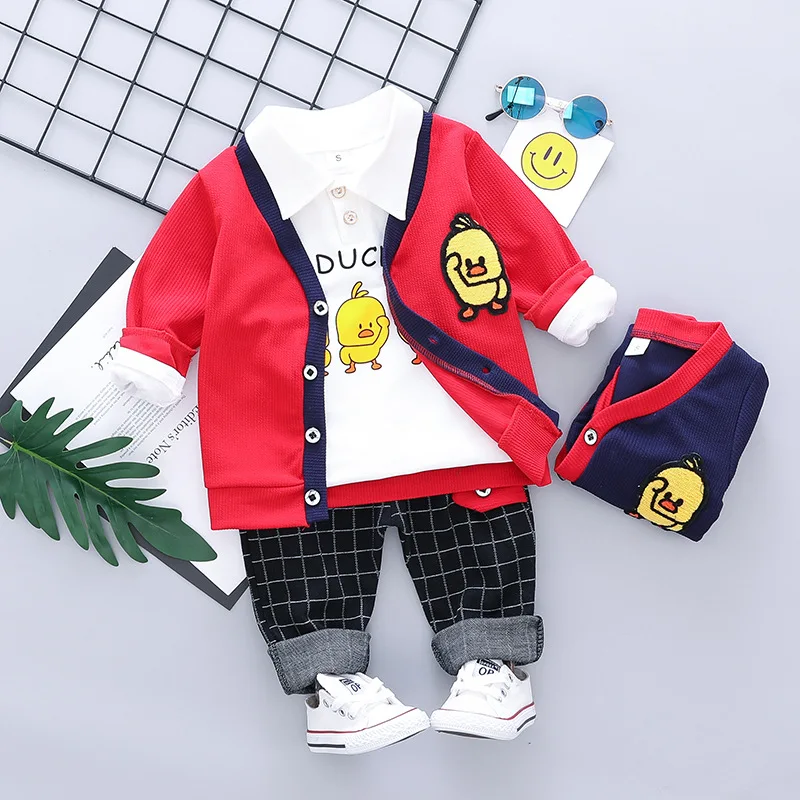 

Baby Boys Clothing Sets Toddler Infant Cartoon Duck Clothes Suits Baby Jacket +Shirt +Plaid Pants 3Pcs Sets Children Costume