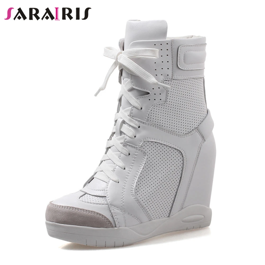 

SARAIRIS Brand Fretwork Genuine Leather Ankle Boots Women Autumn Winter 2019 Height Increasing Platform Shoes Woman 32-40