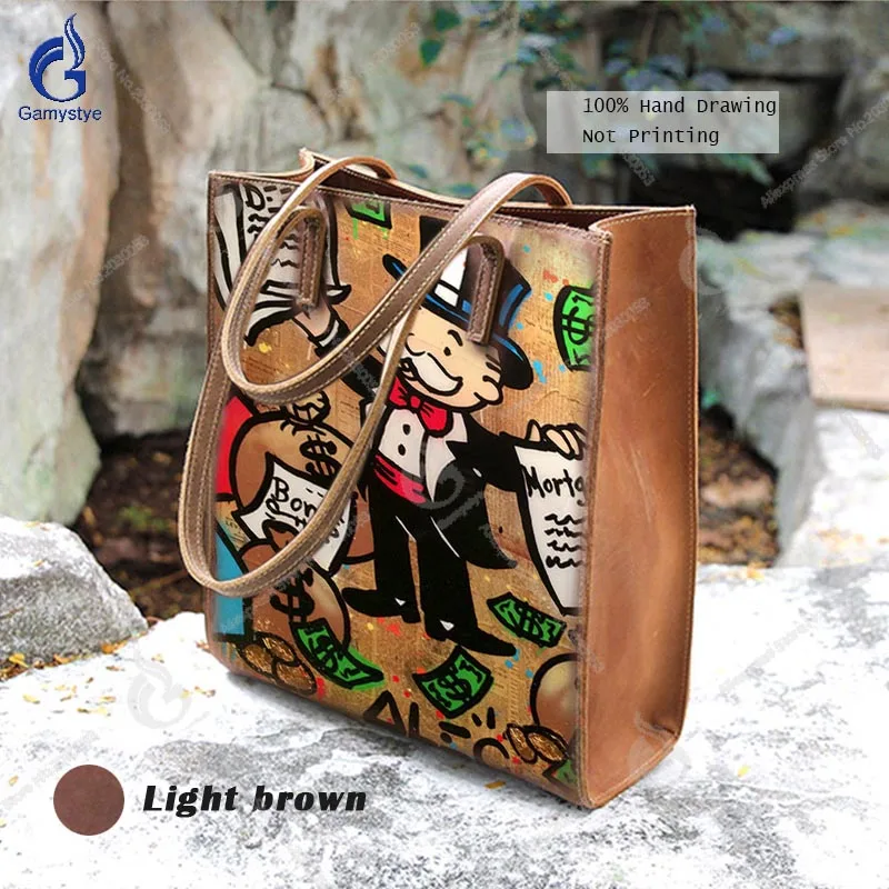 

Ladies Handbags ALEC Monopoly Graffiti Art Hand Printed Designer Bags 100% Genuine Full Grain Cowhide Casual Totes Shopping Bag