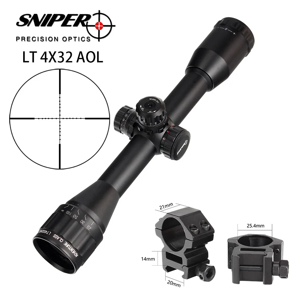 SNIPER LT 4X32 AOL 1 дюймов полноразмерный тактический оптический прицел освещает Mil-Dot RifleScope блокировка, сброс охотничьего прицела - Color: with Picatinny Rings