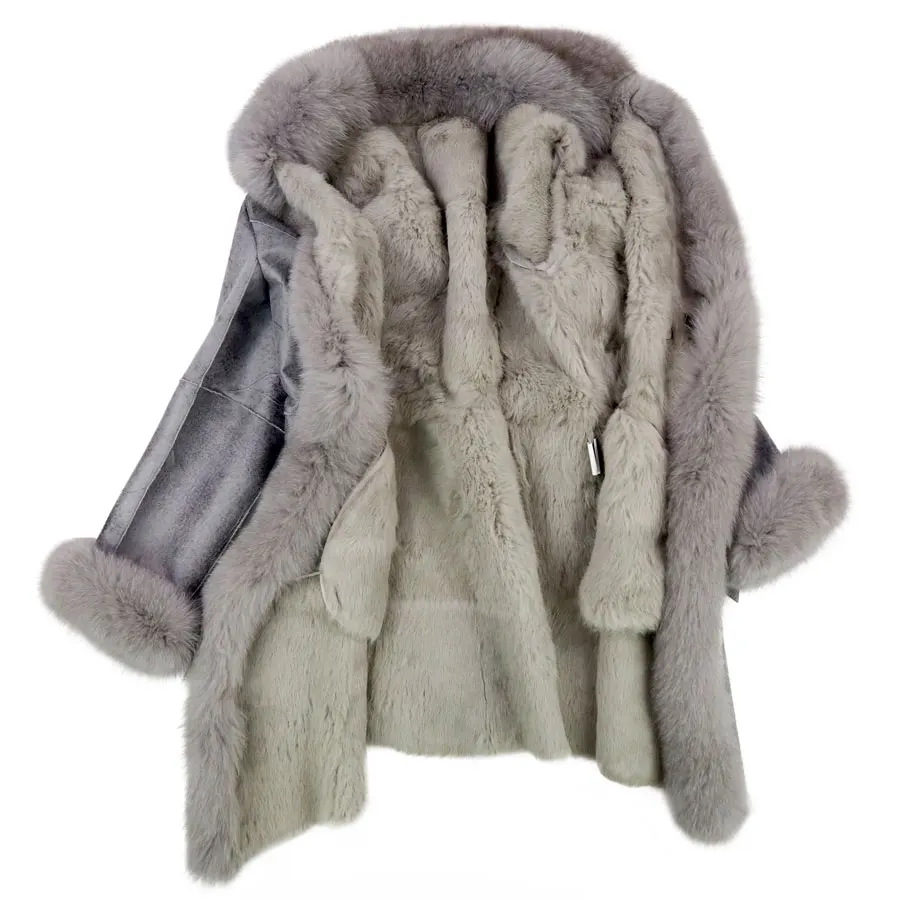 Manteau Grey coffee 2018 Fourrure Réel Parka Col Renard Cuir Longue Avec Véritable face Veste beige Hiver Double Femmes En De Lapin Slim AAqgBwY