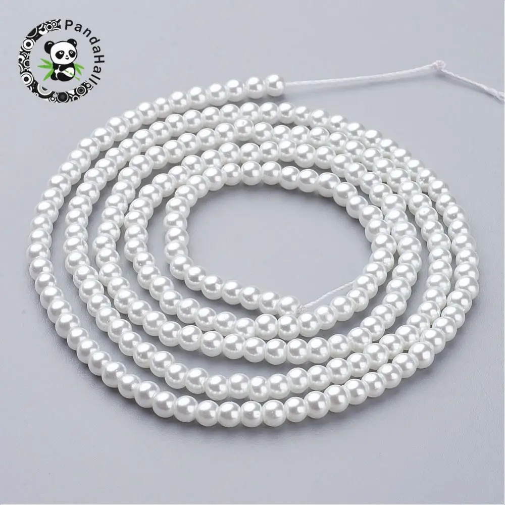 Glass Pearl Beads Strands, Pearlized, Round, White, Size: about 4mm in diameter, hole: 1mm, about 216pcs/str