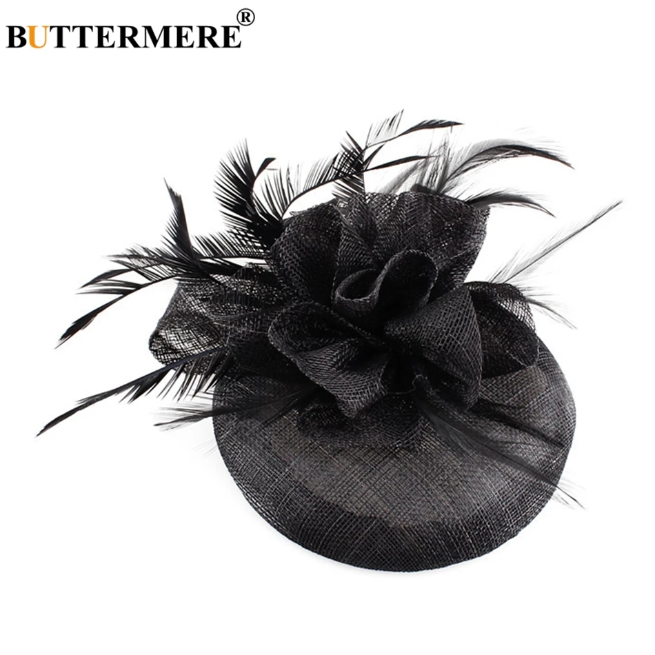 

BUTTERMERE Linen Fedora Hats For Women Black Classic Feather Tea Party Hats Ladies Bride Wedding British Female Retro Church Hat