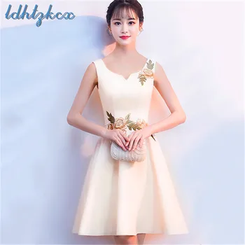 

Ladies Floral Sleeveless Mini-dress 2018 Summer Korean Champagne Color Fashion V-Neck Elegant Slim Banquet A-Line Vestidos LD375