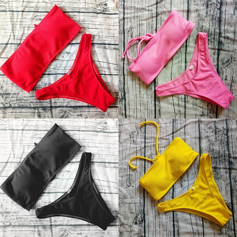 

Sexy Solid Bikini Brazilian Swimsuit Women Bandeau Top Two Piece Bikini Set Sexy Off Shoulder Swimwear Beach Bathing Suit 2019