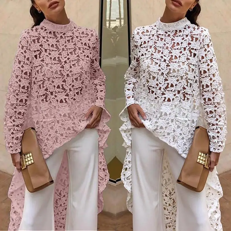 2019 Autumn Women Fashion Elegant Casual Patchwork flounced  Dip Hem Top Crochet Irregular Hollow Out See Through Blouse