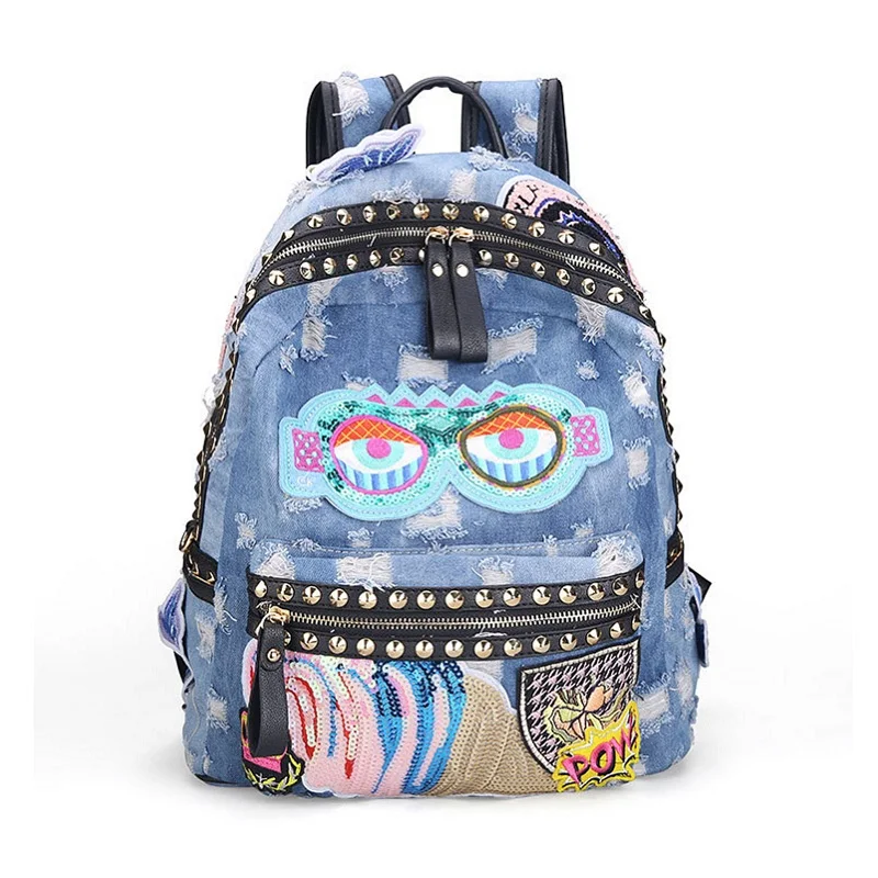

Caker Brand 2018 Women Large Big Denim School Backpack Fashion High Quality Sequins Ice Cream Beaded Rivet Butterfly Backpacks