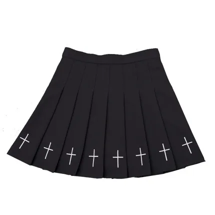 

Summer Cross Embroidery Mini Skirts Women Girls Punk Gothic Short Pleated Skirts Female High Waist Black White Skirt