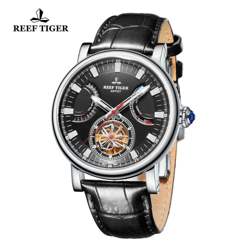 Риф Тигр/RT модные мужские часы стальной белый циферблат сапфировое стекло автоматические часы черный кожаный ремешок часы RGA1950
