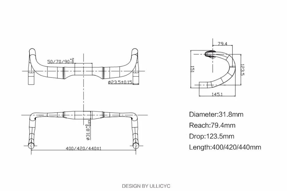 ULLICYC дорожный велосипедный гоночный черный матовый углеродный руль Внутренний кабель углеродное волокно для велосипеда, руль 31,8*400/420/440 мм WB369